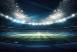 Fototapeta Sport - Panoramic view of a large soccer stadium with fan stands illuminated by floodlights and spotlights. Empty night Football arena, nobody, bets banner template, copy space. Generative AI photo 