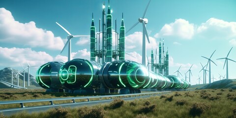 Green hydrogen pipeline wind turbines in modern style. Modern for concept design. Green energy production. Electricity equipment. Generative Ai