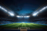 Fototapeta Sport - Panoramic view of big soccer stadium with fan stands illuminated by floodlights and spotlights. Empty night Football arena, nobody, web banner template, copy space. Generative AI photo 