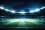 Fototapeta Sport - Panoramic view of big soccer stadium with fan stands illuminated by floodlights and spotlights. Empty night Football arena, nobody, banner template, copy space. Generative AI photo 