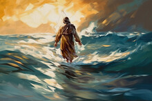 Jesus Christ Walking Above The Wavy Sea Water, Abstract Oil Painting Style, Generative AI