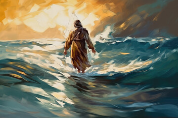 Jesus Christ walking above the wavy sea water, abstract oil painting style, generative AI