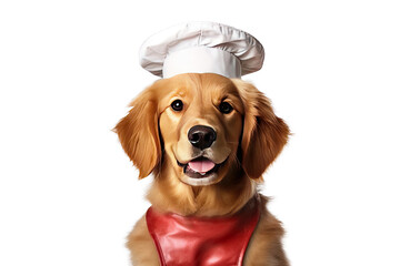 Sticker - Cute dog Golden retriever Chef with costume ready to cooking for dinner isolated on clear png background, funny moment, pet concept, with Generative Ai.