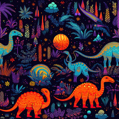 Wall Mural - Cartoon dinosaurs seamless repeat pattern [Generative AI]
