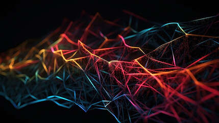 Wall Mural - 3D illustration of the colorful dark metallic plexus pattern against black background. Generative Ai