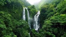 A Majestic Waterfall Cascading Down A Rocky Cliff, Surrounded By Lush Green Vegetation - Generative AI