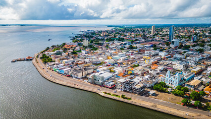 Aerial Riverside View of Santarém Pará Skyline Brazil Tapajós and Amazon Rivers, Panoramic Cityscape Drone Shot