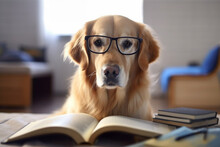 Golden Retriever Dog With Reading Glasses And Book. 