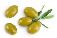 Green Olives With Leaves Isolated On A White Background With Full Depth Of Field. Top View. Flat Lay
