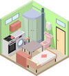 Compact small apartment in isometric view. The room is combined with a kitchen with a bathroom and a bedroom to save the total area. Cheap apartment with a small area, affordable housing. 
