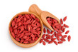 © kolesnikovserg - Dried goji berries in wooden bowl and scoop isolated on white background. Top view. Flat lay.