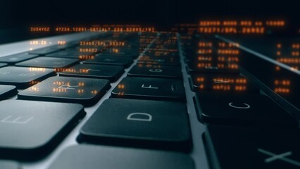 Wall Mural - close up of laptop keyboard with abstract coding big data. digital innovation protection technology.