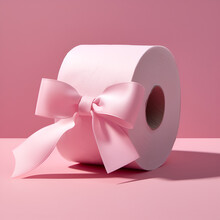 Fan, A Roll Of Toilet Paper With A Satin Light Pink Bow, The Background Is Pastel Pink. Toilet Paper Is A Gift