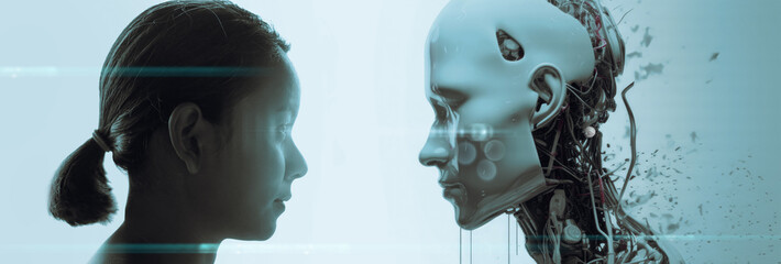 Poster - The face of a businesswoman and a robot opposite each other look into the eyes. Modern technologies, robot versus human, artificial intelligence, neural networks.