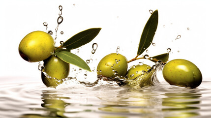 3 olive branch: 1 olive oil drop follows from 1 olive no splashes — no puddle of oil — no background.