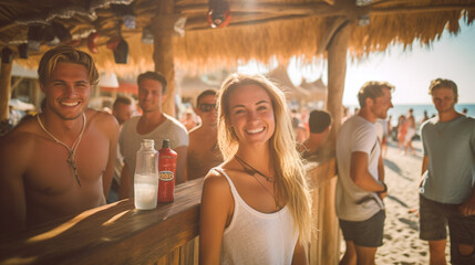 Poster - caucasian people, in a beach bar or beach cafe or beach restaurant, people spend their free time at sunset outside by the water, fictional place