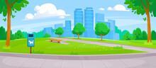 Landscape View Of A Pet-friendly Public Park With A Pet Waste Disposal Station. Empty Park Designed For People Walking Their Animals With A Box Of Dog Poop Bags Installed. Cartoon Vector Illustration