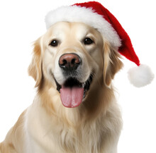 Portrait Of A Golden Retriever Dog Wearing A Santa Hat For Christmas Isolated On A Transparent Background, Generative AI