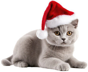 Cute british shorthair cat wearing a santa hat for christmas isolated on a transparent background, generative AI animal