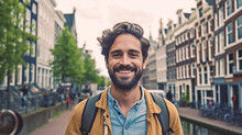Delighted Tourist Capturing A Self-portrait In Amsterdam, Netherlands - Joyful Gentleman Utilizing A Smartphone Outdoors - Adventurous Student Relishing A European Summer Getaway - Generative AI