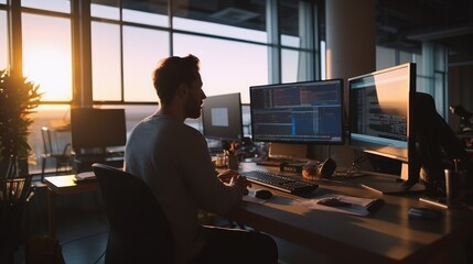 a young handsome guy programming and engineering on his computer and typing on the keyboard writing codes and programs in a modern tech company office. numbers and graphs on screen. Generative AI