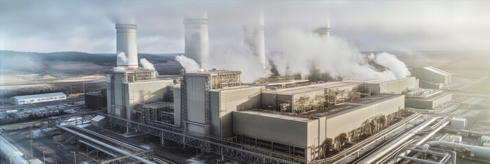 Wall Mural - Natural gas powered turbine power plant. Wide angle photo of whole factory. Generative AI