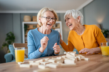 two senior women friends or sisters play leisure board game at home