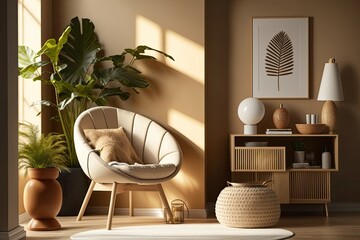 Sticker - cozy and well-furnished living room with a green potted plant as a centerpiece. Generative AI