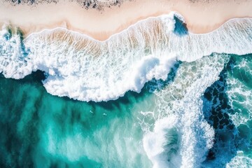 Aerial beach top view above seashore with blue wave and white frothy summer backdrop. Generative AI