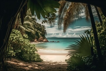 Sticker - A tropical beach and palm palms. Generative AI