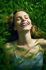 Wall Mural - happy, healthy, beautiful smiling woman closing her eyes lying in green grass. generative AI