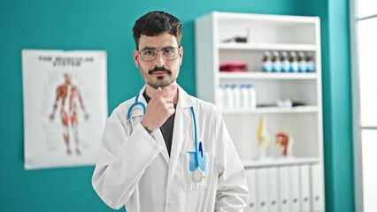 Poster - Young hispanic man doctor smiling confident wearing glasses at clinic