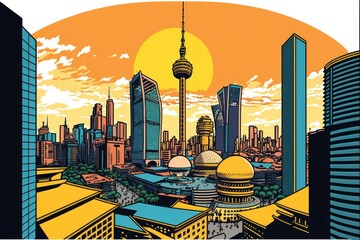 Wall Mural - cityscape at sunset with vibrant colors and warm tones. Generative AI