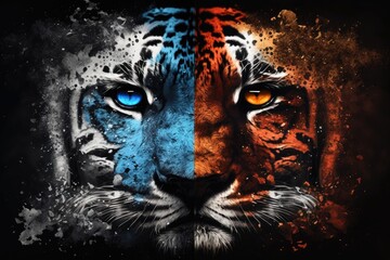 Sticker - fierce tiger with vivid blue and orange eyes. Generative AI