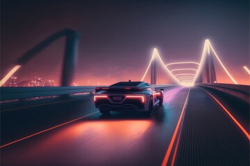 Wall Mural - Cyber neon driving green power sport car with hybrid technology automotive. Concept of light glowing on dark city view in night life. Finest generative AI.