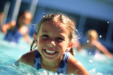 Young child girls as they participate in a swimming lesson at a pool. Generative AI