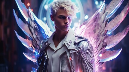 closeup portrait of a beautiful angel man with wings wearing a futuristic suit, green and blue color