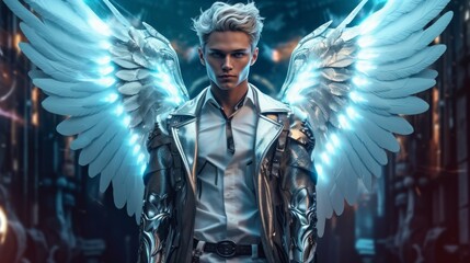 Closeup portrait of a beautiful angel man with wings wearing a futuristic suit, green and blue colors, full body shot