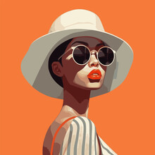 Fashion Portrait Of A Model Girl In Sunglasses. Poster Or Flyer In Trendy Retro Colors. Vector Illustration