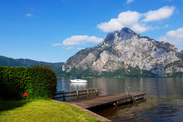 Poster - Panoramic view of Traunstein at Traunsee lake during sunset, landscape photo of lake and mountains near Gmunden, Austria, Europe