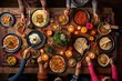 An authentic Mexican family celebrates Cinco de mayo together at a festive table. Mexican food