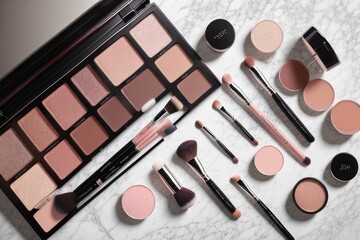 Makeup tools with beauty blender pile, brush set, eye shadow palette, nail file, tweezers and red lipstick on wooden plank table surface, boards background and texture. Generative AI