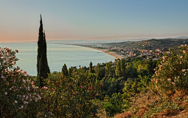 Wall Mural - Vasto, Abruzzo, Italy: landscape at sunrise of the the gulf of the adriatic sea with the beach and the ancient city