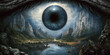 A blend of a human eye with a mountain and lake landscape. Abstract surreal style. 