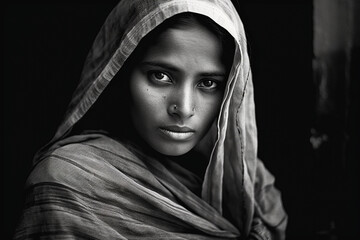 Wall Mural - Portrait in B&W of an Indian woman wearing traditional clothes while working in an urban setting in India.