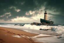 An Old Ship Stranded On The Beach Next To The Old Lighthouse For Storms. Ai Generated.