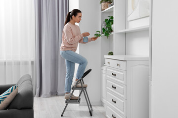 Sticker - Woman on ladder watering houseplant at home