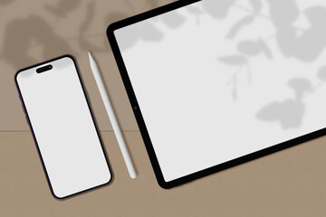 Canvas Print - realistic smartphone, tablet and pencil mockup scene creator with shadow overlay.template for brandi