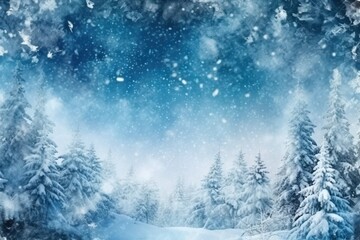 Winter landscape with snowy fir trees and falling snow. Christmas background with AI-Generated Images.