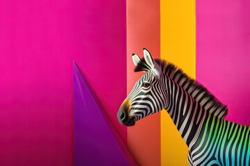 Zebra against colorful stripes background, with copy space. Stand out, paint some color. Ai generative